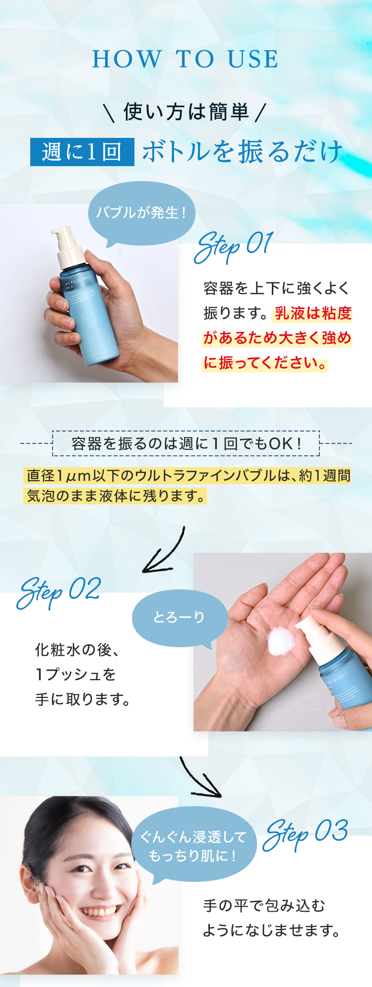 HOW TO USE 使い方は簡単 週に1回ボトルを振るだけ