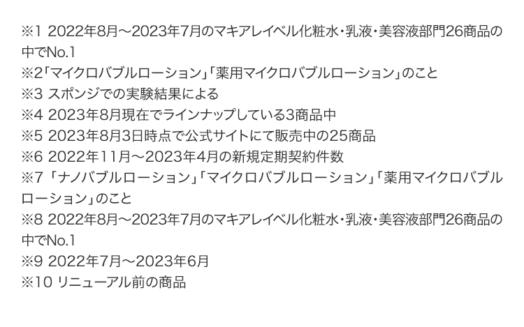 ※1 2022年8月～2023年7月のマキアレイベル化粧水・乳液・美容液部門26商品の中でNo.1 ※2「マイクロバブルローション」「薬用マイクロバブルローション」のこと ※3 スポンジでの実験結果による ※4 2023年8月現在でラインナップしている3商品中 ※5 2023年8月3日時点で公式サイトにて販売中の25商品 ※6 2022年11月～2023年4月の新規定期契約件数 ※7 「ナノバブルローション」「マイクロバブルローション」「薬用マイクロバブルローション」のこと ※8 2022年8月～2023年7月のマキアレイベル化粧水・乳液・美容液部門26商品の中でNo.1 ※9 2022年7月～2023年6月 ※10 リニューアル前の商品