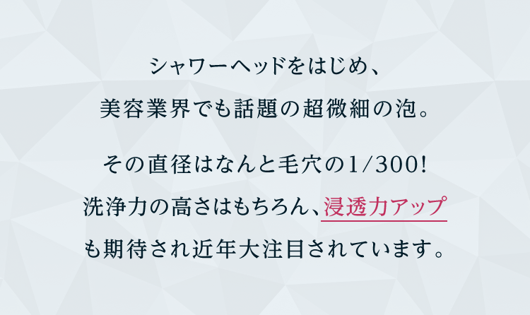 シャワーヘッドをはじめ、美容業界でも話題の超微細の泡。その直径はなんと毛穴の1/300！洗浄力の高さはもちろん、浸透力アップも期待され近年大注目されています。