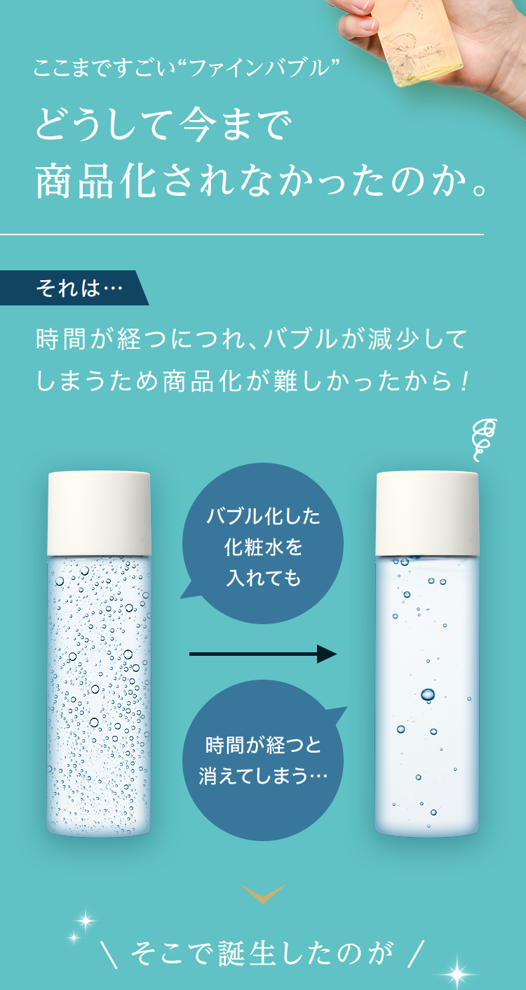 ここまですごい“ファインバブル” どうして今まで商品化されなかったのか。それは…時間が経つにつれ、バブルが減少してしまうため商品化が難しかったから！ そこで誕生したのが