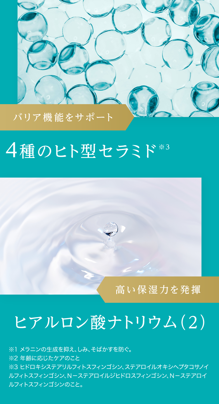 バリア機能をサポート 4種のヒト型セラミド※3 高い保湿力を発揮 ヒアルロン酸ナトリウム（2）※1 メラニンの生成を抑え、しみ、そばかすを防ぐ。※2 年齢に応じたケアのこと　※3 ヒドロキシステアリルフィトスフィンゴシン、ステアロイルオキシヘプタコサノイルフィトスフィンゴシン、Ｎ－ステアロイルジヒドロスフィンゴシン、Ｎ－ステアロイルフィトスフィンゴシンのこと。