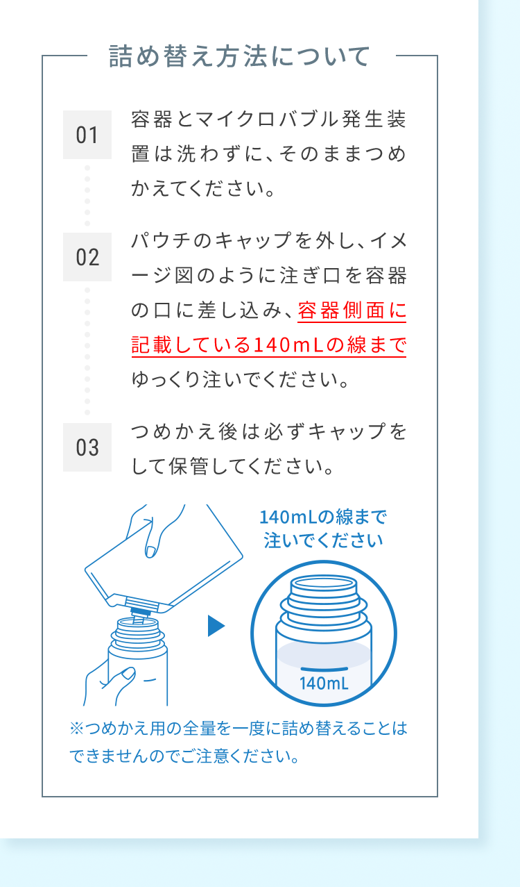 詰め替え方法について 01.容器とマイクロバブル発生装置は洗わずに、そのままつめかえてください。 02.パウチのキャップを外し、イメージ図のように注ぎ口を容器の口に差し込み、容器側面に記載している140mLの線までゆっくり注いでください。 03.つめかえ後は必ずキャップをして保管してください。