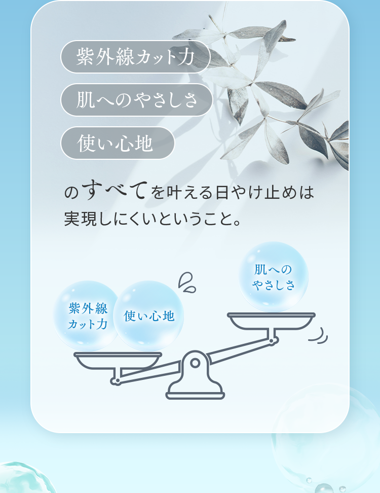 紫外線カット力・肌へのやさしさ・使い心地のすべてを叶える日やけ止めは 実現しにくいということ。