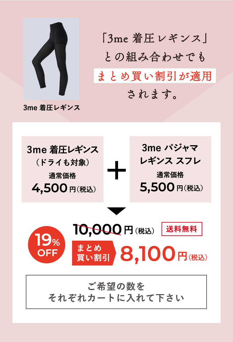 「3me 着圧レギンス」との組み合わせでもまとめ買い割引が適用されます。