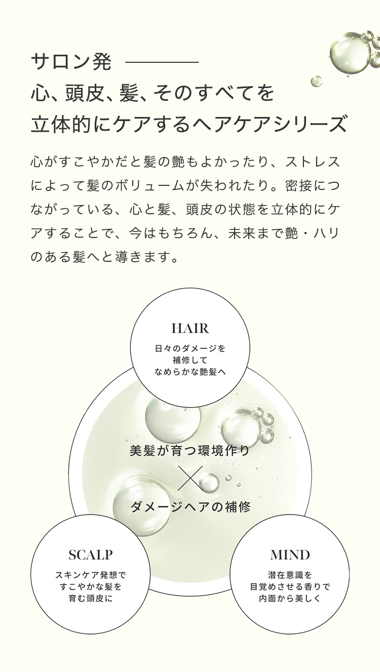 サロン発 ⼼、頭⽪、髪、そのすべてを⽴体的にケアするヘアケアシリーズ