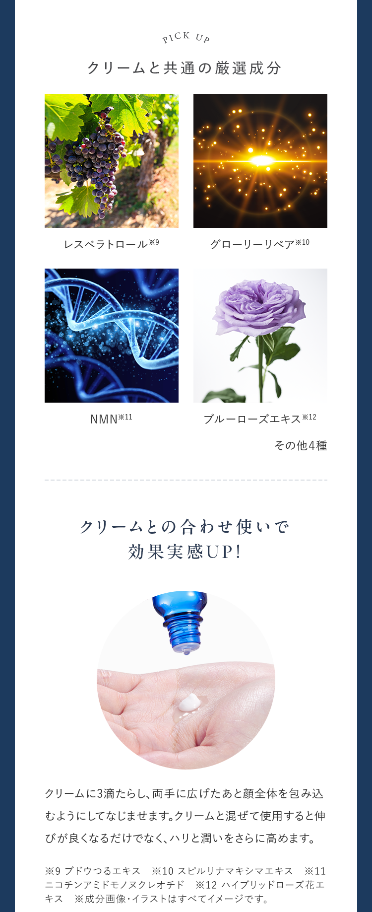 クリームと共通の厳選成分 クリームとの合わせ使いで効果実感UP！