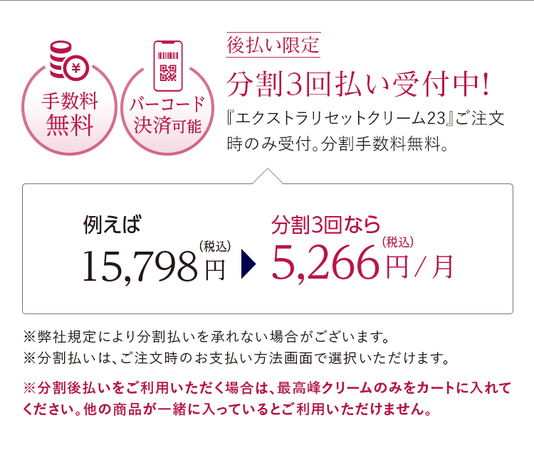 後払い限定 分割3回払い受付中！『エクストラリセットクリーム23』ご注文時のみ受付。分割手数料無料。